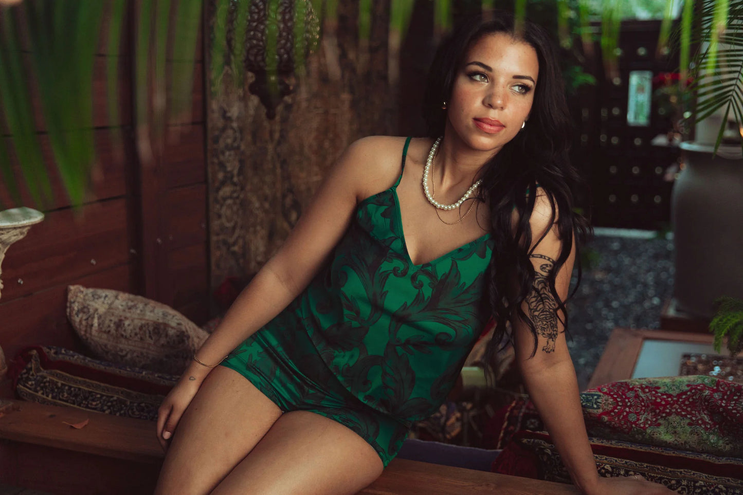 Satin Cami and Shorts Set - Emerald Damask