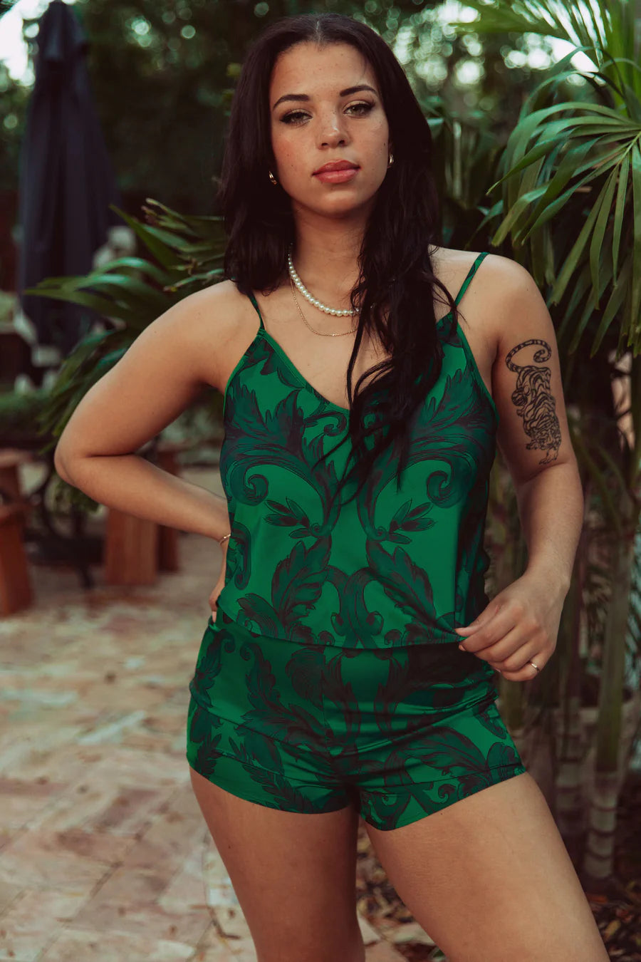 Satin Cami and Shorts Set - Emerald Damask
