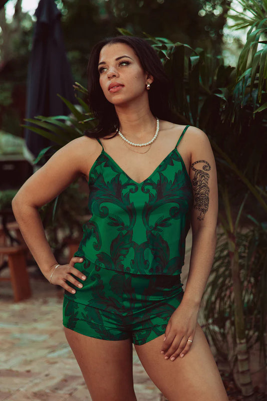 Satin Cami and Shorts Set - Emerald Damask