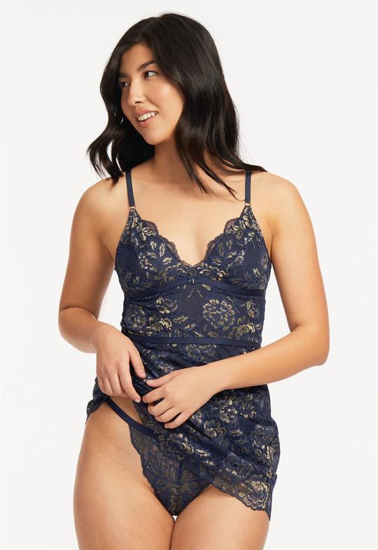 Fleur't All Lace Slip & Panty in Twilight/Gold