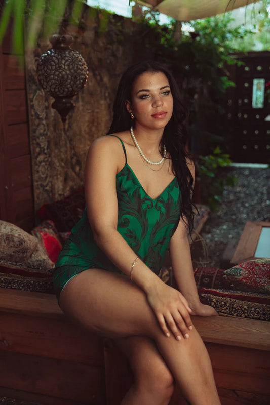 Satin Cami and Shorts Set - Emerald Damask