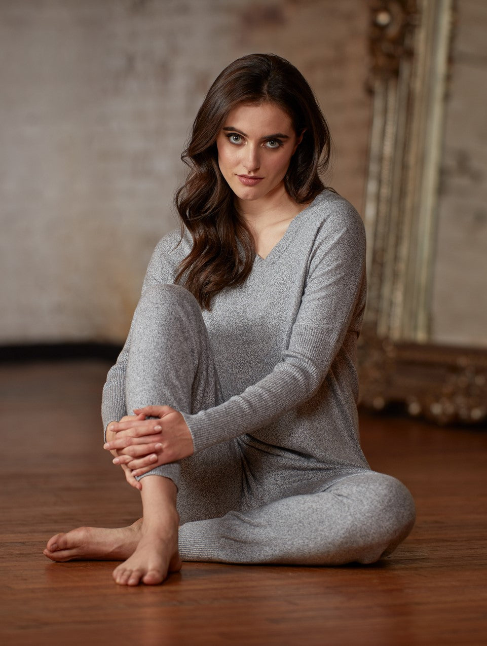 Fleur't Cosmopolitain Luxury V-Neck Sweater and Pant Set Light Grey Marl